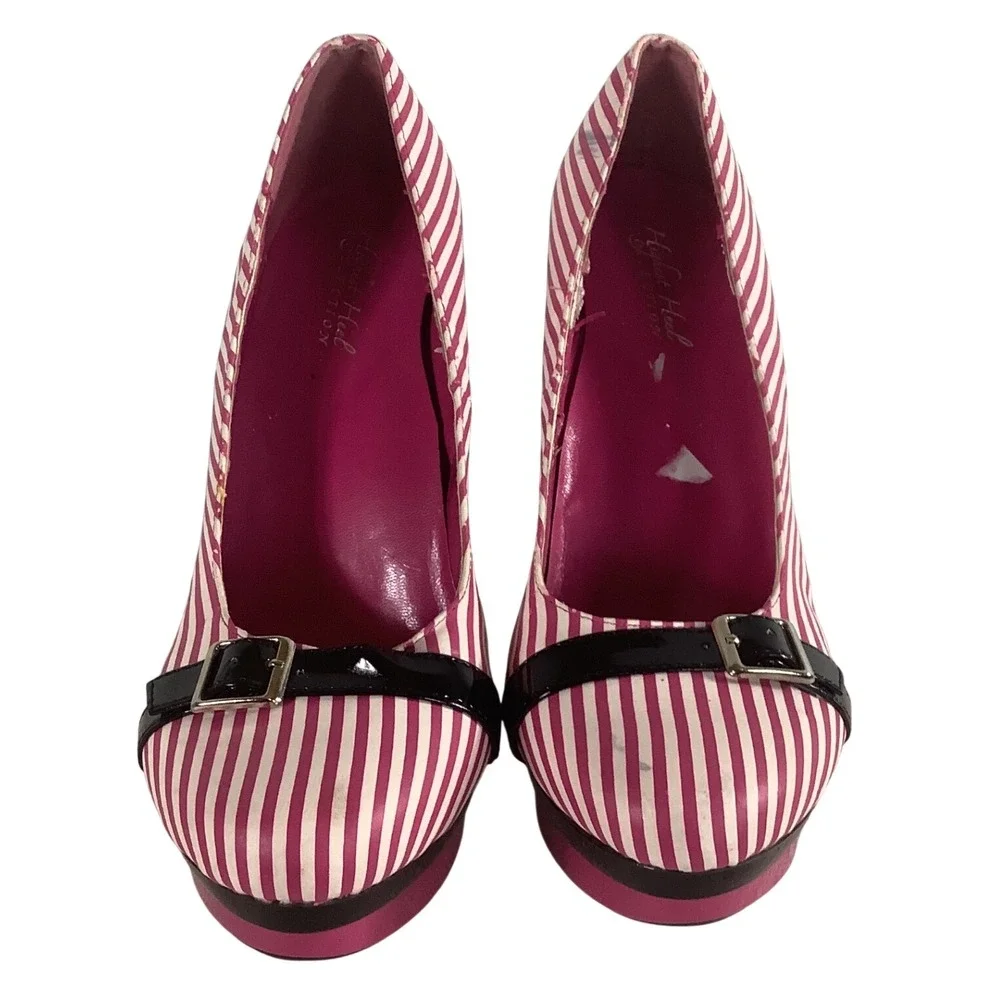 Highest Heel Pink White Striped Gun Heel Platform Pumps Buckle Accent Size 10